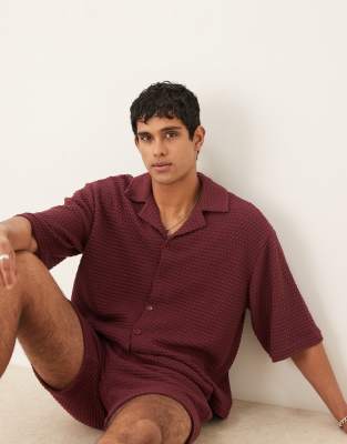 ASOS DESIGN co-ord oversized half sleeve crochet shirt in burgundy-Brown