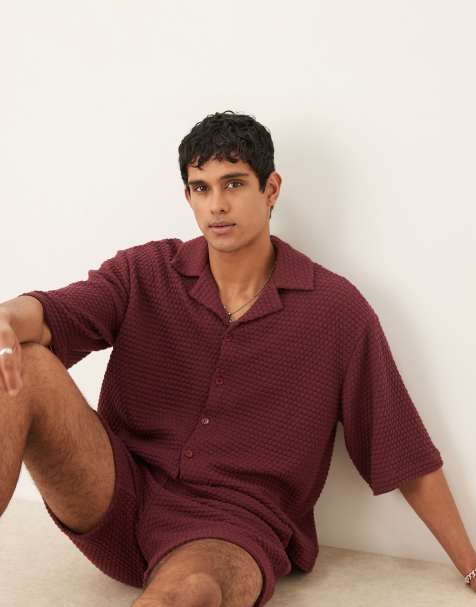ASOS DESIGN co-ord oversized half sleeve crochet shirt in burgundy
