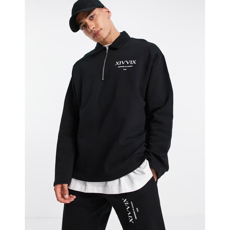 ASOS DESIGN co-ord oversized half zip sweatshirt in black with text print