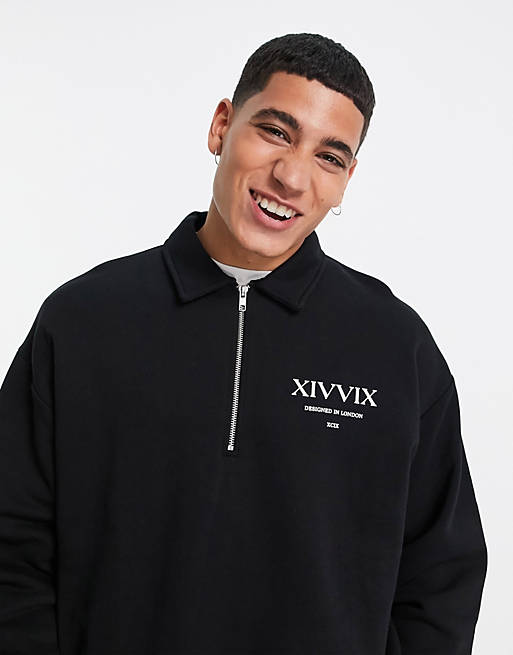 ASOS DESIGN co-ord oversized half zip sweatshirt in black with text print