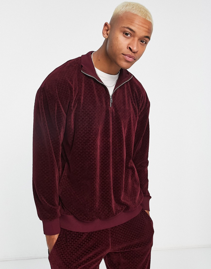 ASOS DESIGN co-ord oversized half zip sweatshirt in jacquard velour-Red