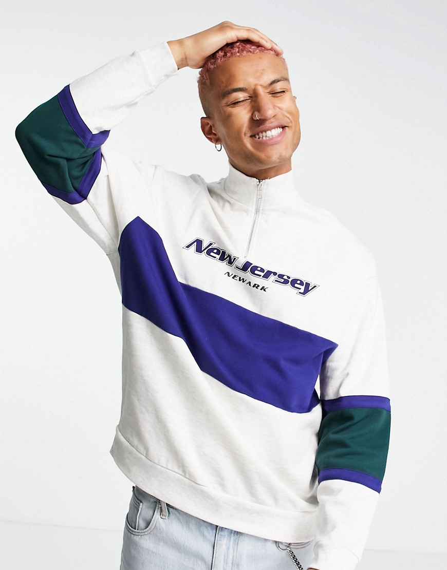 ASOS DESIGN co-ord oversized half zip sweatshirt with New Jersey print & colour block-White
