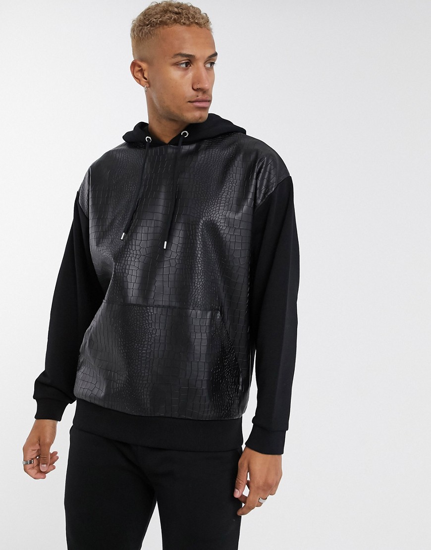 ASOS DESIGN co-ord oversized hoodie with mock croc pu panels in black