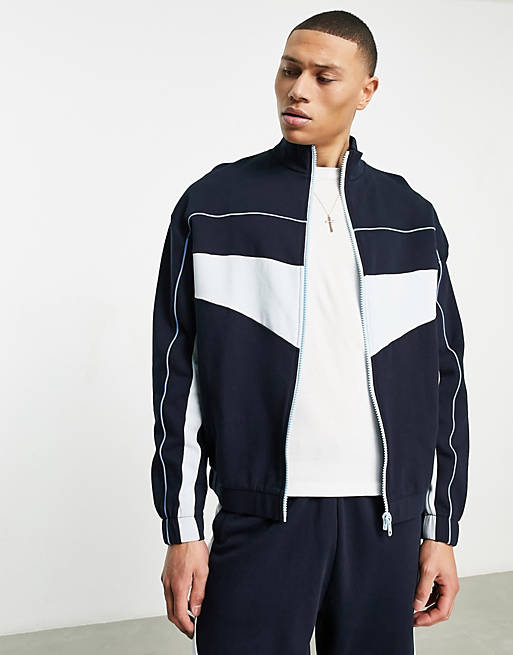 ASOS DESIGN co-ord oversized jersey track jacket in blue colour block ...