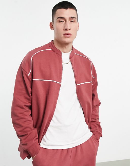 ASOS DESIGN co-ord oversized jersey track jacket with piping in red | ASOS