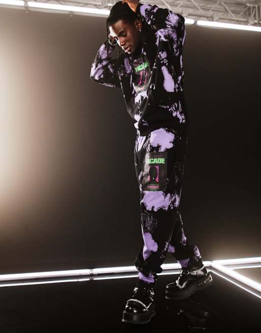 ASOS DESIGN co-ord oversized joggers in black and purple tie dye with text print, 2 of 4