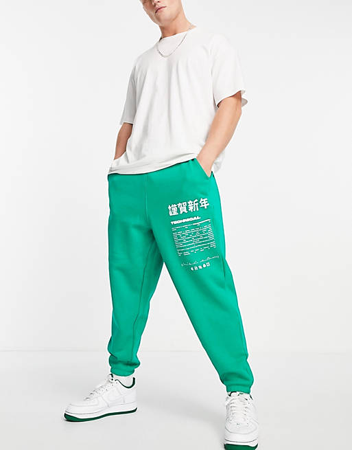 Tracksuits co-ord oversized joggers in bright green with text print 