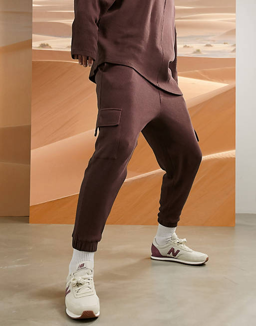 Tracksuits co-ord oversized joggers in chocolate brown waffle with cargo pockets 