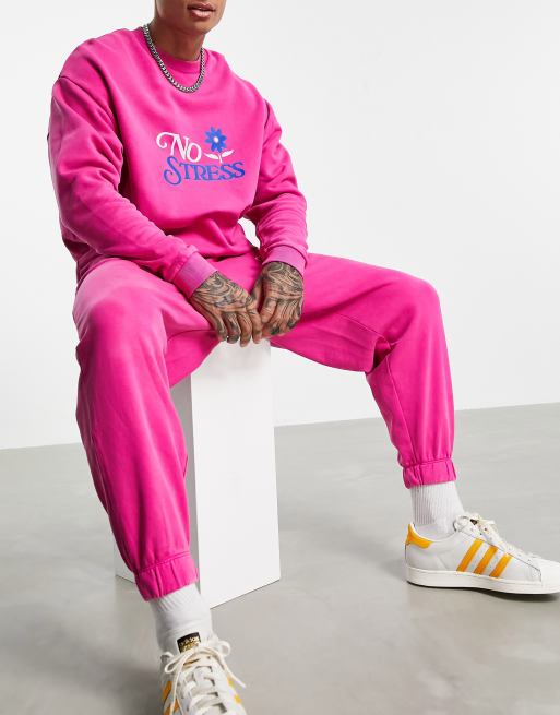 ASOS DESIGN co-ord oversized joggers in pink acid wash with text print - PINK - PINK, 4 of 4