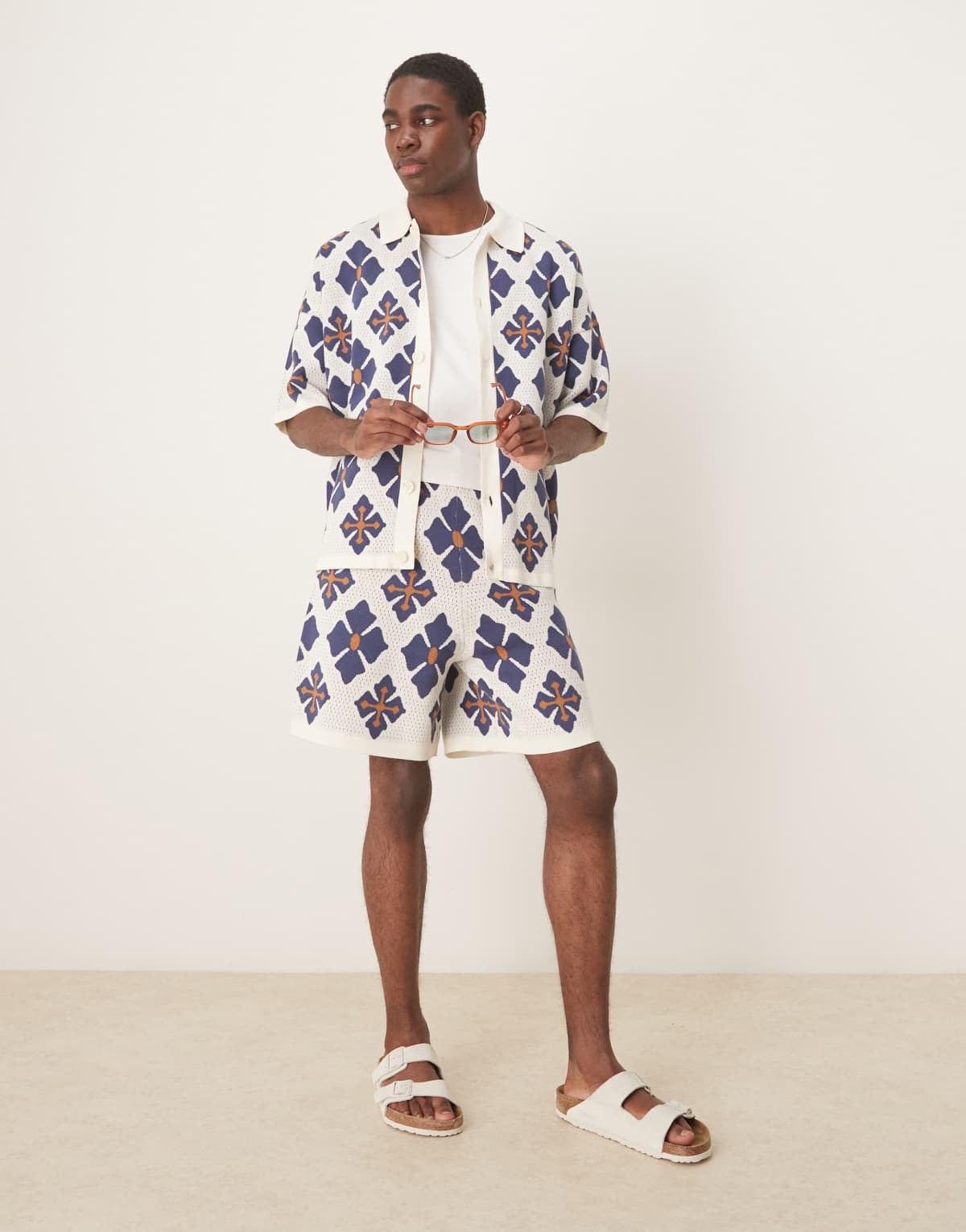 ASOS DESIGN co-ord oversized knitted shorts with aztec pattern in blue