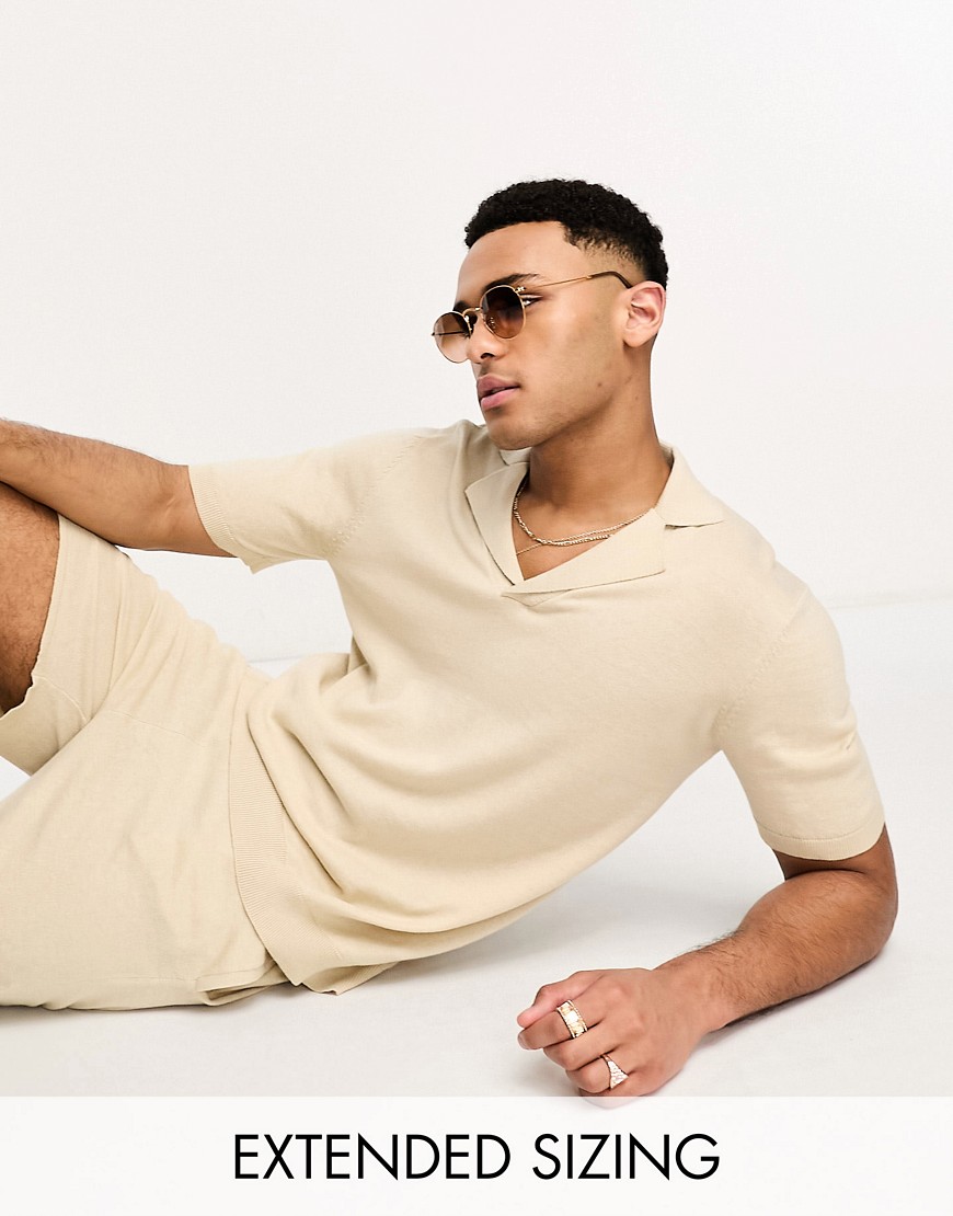 Asos Design Co-Ord Oversized Lightweight Knitted Cotton Revere Polo Shirt In Stone-Neutral