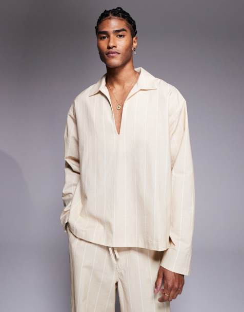 ASOS DESIGN co-ord oversized overhead stripe shirt in beige - view 1