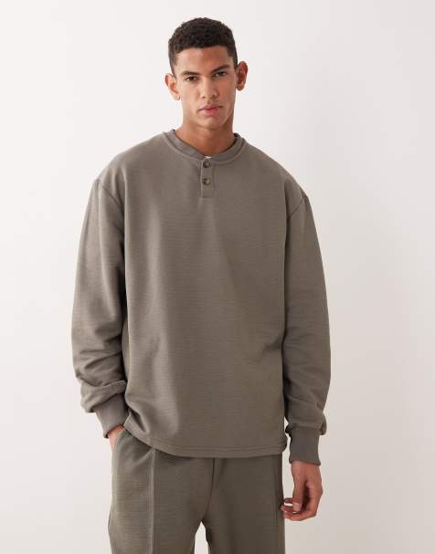ASOS DESIGN co-ord oversized pique henley sweatshirt in khaki - view 1