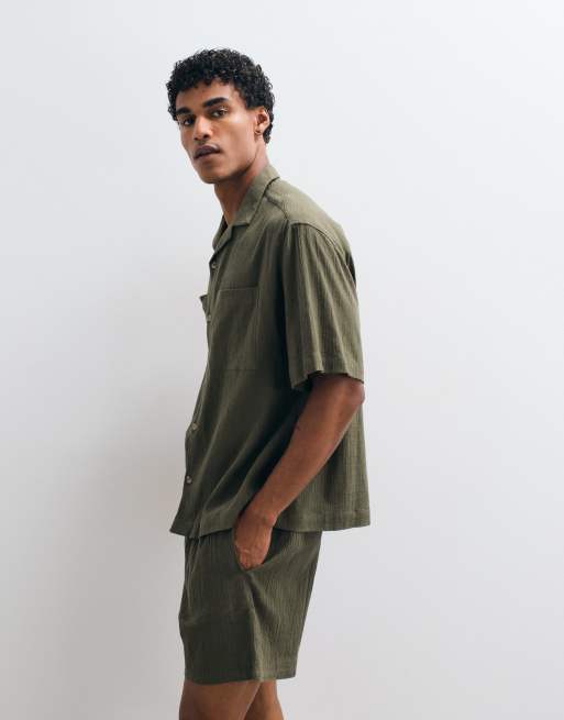 ASOS DESIGN co-ord oversized revere crinkle texture shirt in dark green, 5 of 5