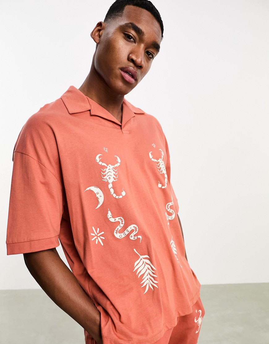 ASOS DESIGN co-ord oversized revere polo shirt in tan with front print detail-Brown