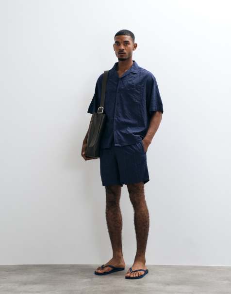 ASOS DESIGN co-ord oversized revere seersucker shirt in navy - view 1