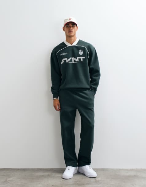 ASOS DESIGN co-ord oversized ribbed V neck with piping and puff print and wide leg jogger in darkest spruce - view 1