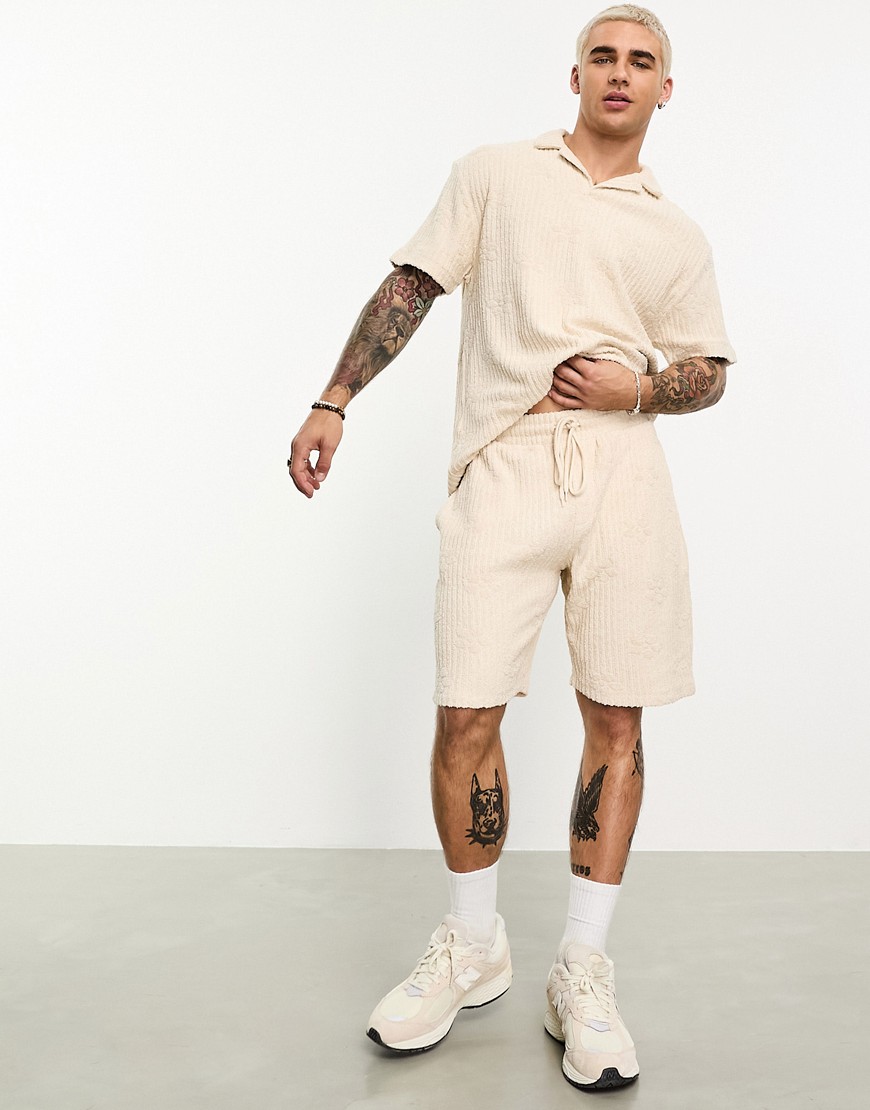 ASOS DESIGN co-ord oversized shorts in beige floral towelling-White