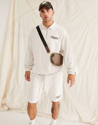ASOS DESIGN co-ord oversized striped towelling rugby sweatshirt in beige with text embroidery