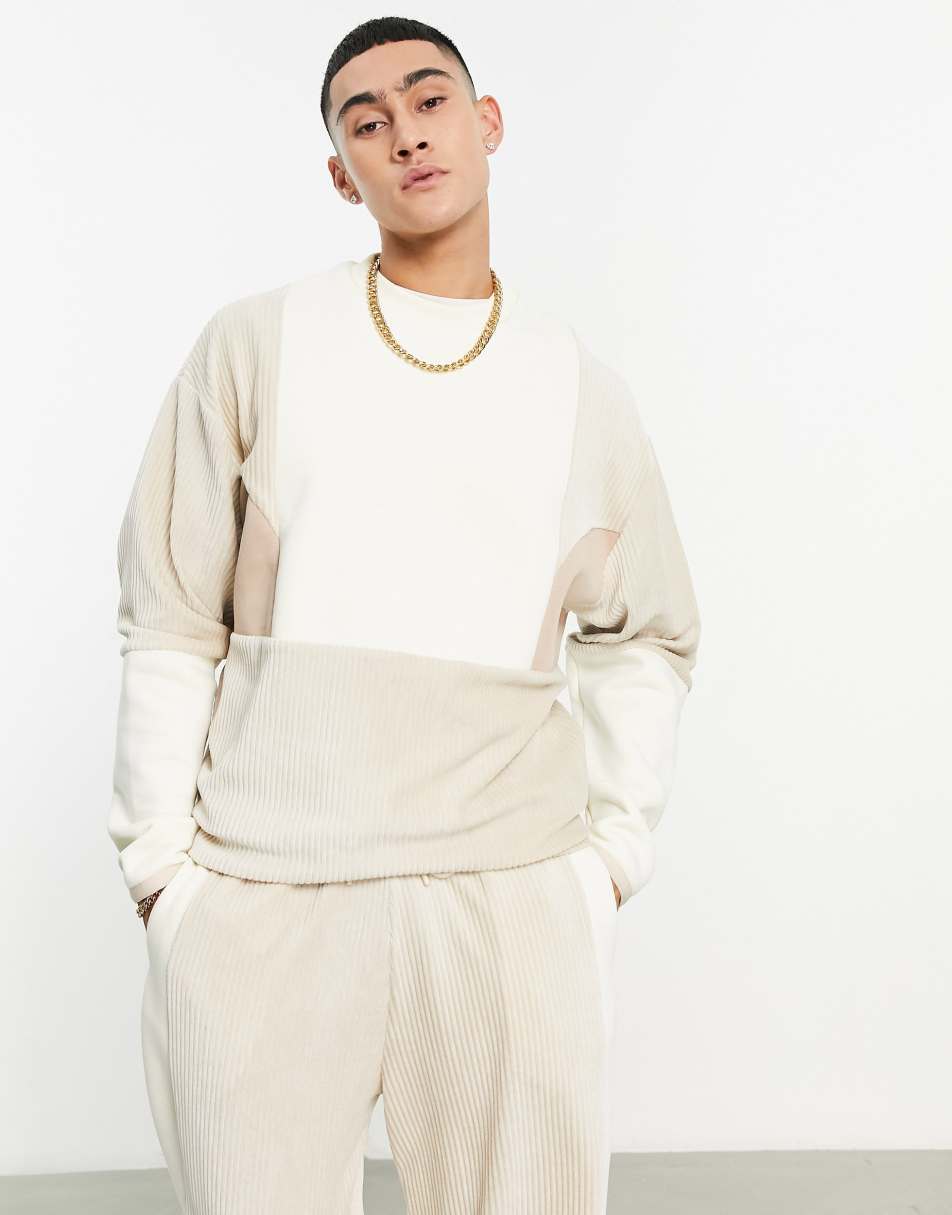 ASOS DESIGN co-ord oversized sweatshirt in beige with cord blocking
