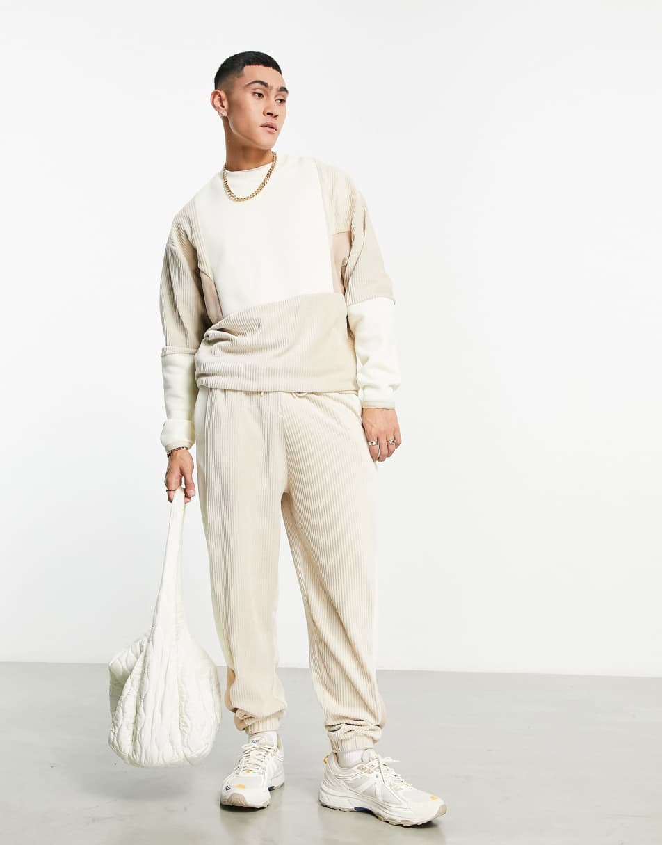 ASOS DESIGN co-ord oversized sweatshirt in beige with cord blocking 0