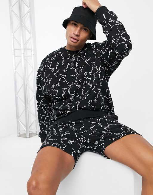 Asos Design Co Ord Oversized Sweatshirt In Black With All Over Line