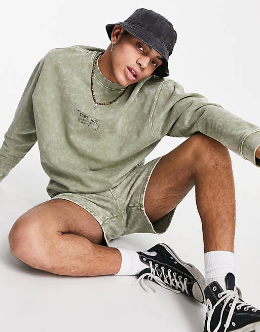 ASOS DESIGN co-ord oversized sweatshirt in green acid wash with logo chest print