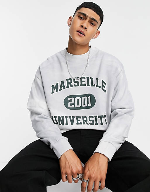 Men co-ord oversized sweatshirt in washed grey with Marseille varsity print 