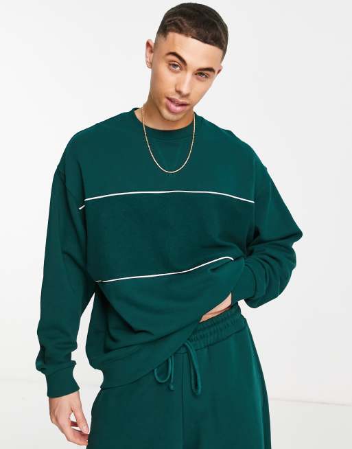 Asos Design Co Ord Oversized Sweatshirt With Piping In Forest Green Asos