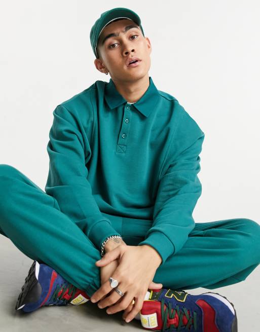 Asos Design Co Ord Oversized Sweatshirt With Polo Collar In Green Asos