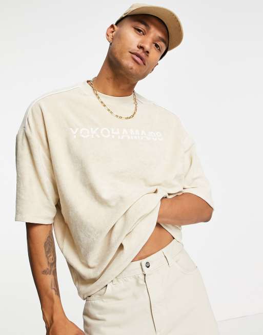 ASOS DESIGN co-ord oversized towelling t-shirt and shorts in beige, 2 of 3