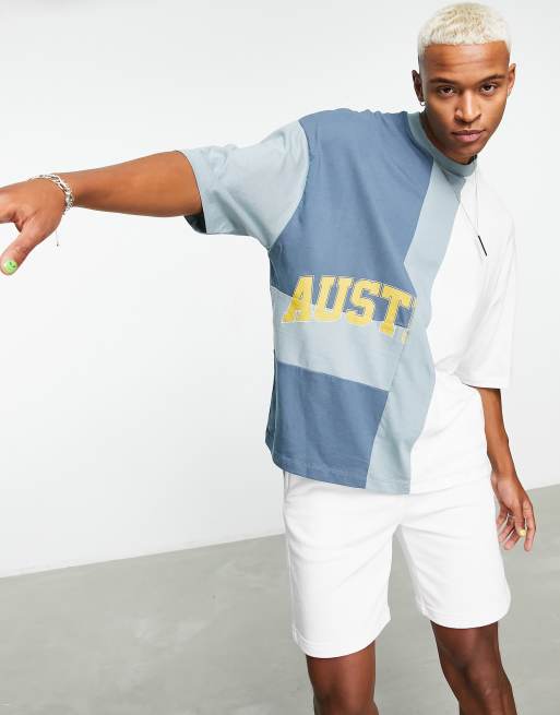 ASOS DESIGN co-ord oversized t-shirt in ecru and blue colour block with Austin city print