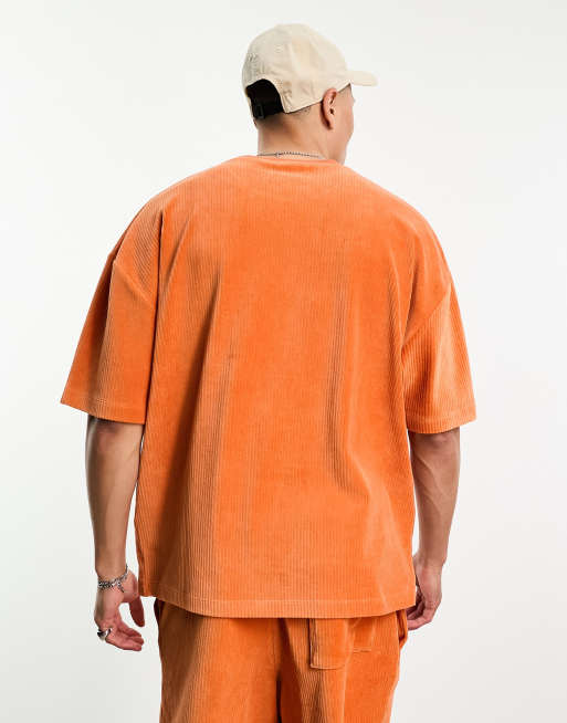 ASOS DESIGN co-ord oversized t-shirt in orange ribbed velour with embroidery, 2 of 4