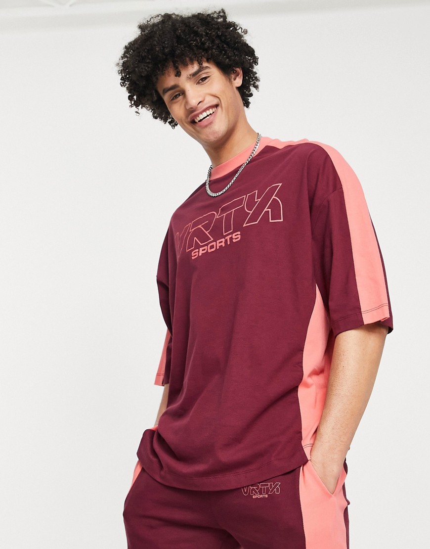 ASOS DESIGN co-ord oversized t-shirt with varsity print in burgundy and pink colour block-Red