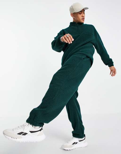 ASOS DESIGN co-ord oversized teddy borg half zip sweatshirt in dark green