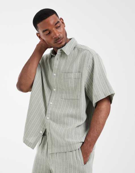 ASOS DESIGN co-ord oversized textured stripe shirt in sage green - view 1