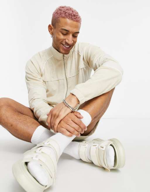 ASOS DESIGN co-ord oversized towelling track jacket with retro piping details in beige