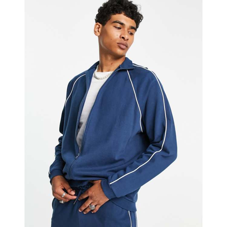 ASOS DESIGN co-ord oversized track jacket with piping in navy