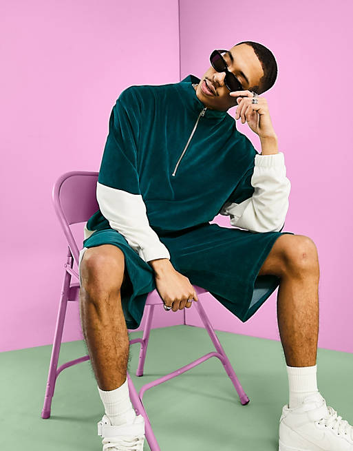 Men co-ord oversized velour sweatshirt with collar & colour block in pastel blues 