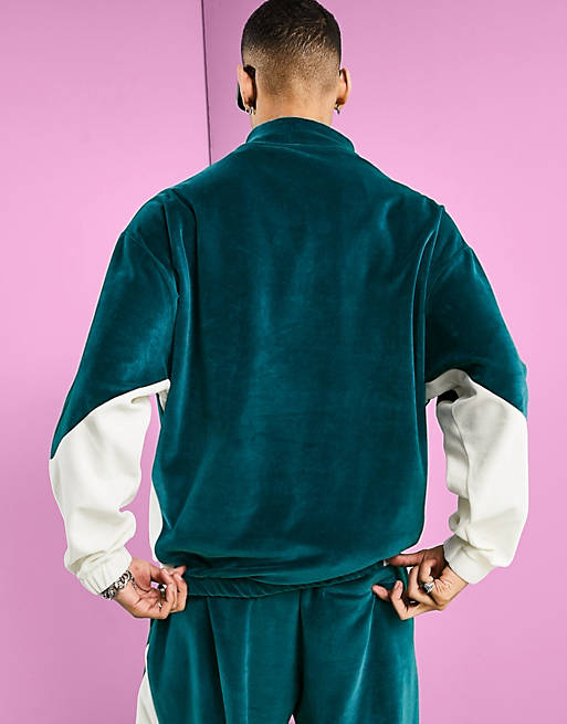 Men co-ord oversized velour sweatshirt with collar & colour block in pastel blues 