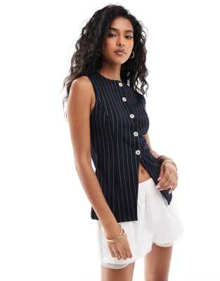 Shop ASOS DESIGN co ord pinstripe longline jersey waistcoat in navy Online – Trendy & Affordable Fashion
