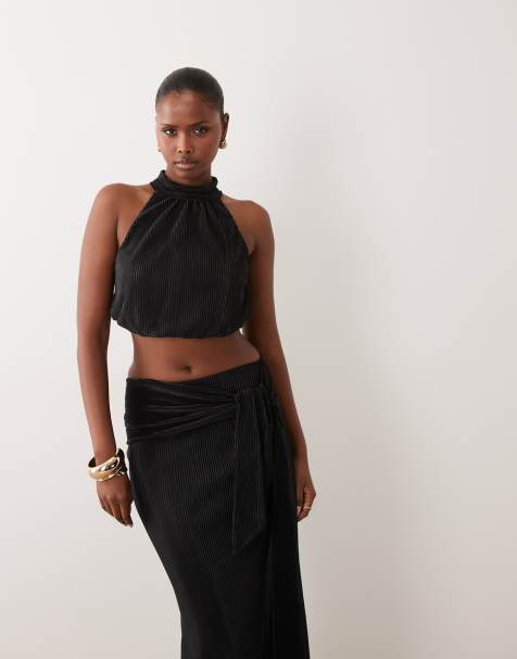 ASOS DESIGN co-ord plisse cropped bubble halter neck top in black - view 1