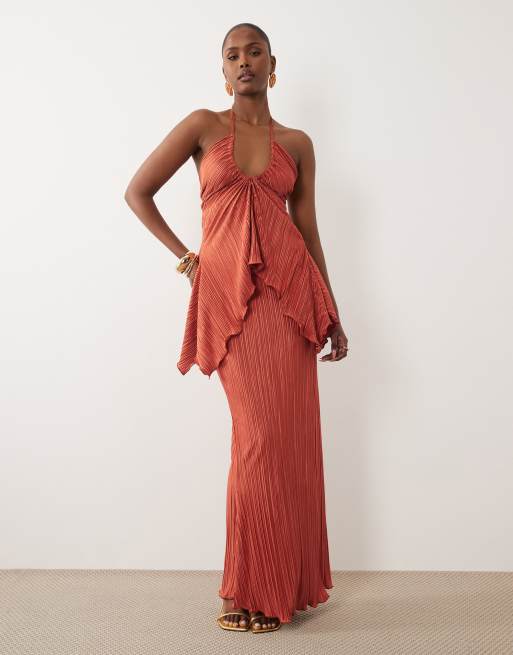 ASOS DESIGN co-ord plisse floaty bandeau halter top in rust, 2 of 4