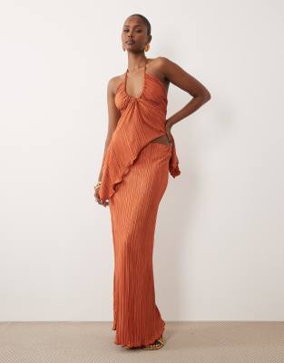 ASOS DESIGN co-ord plisse maxi skirt in rust-Orange