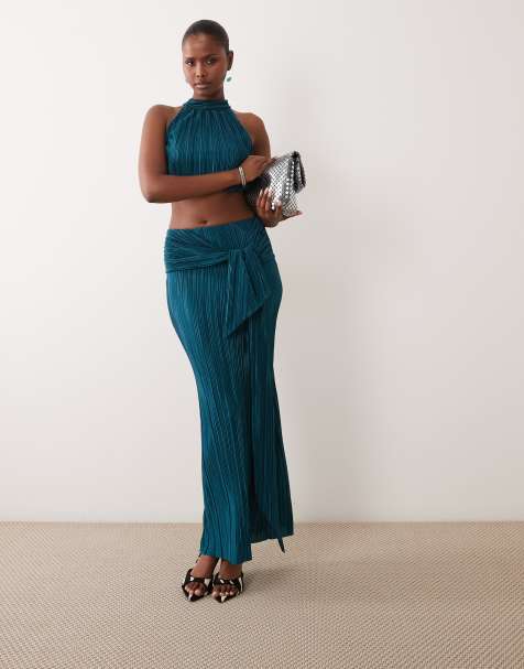ASOS DESIGN co-ord plisse maxi skirt with knot belt detail in teal - view 1