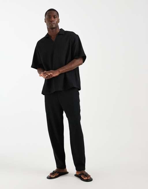 ASOS DESIGN plisse co-ord with shirt & trousers in black, 2 of 3