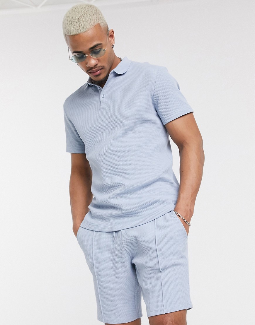 ASOS DESIGN co-ord polo in heavyweight waffle in blue