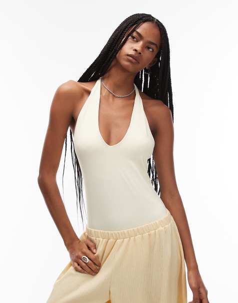 ASOS DESIGN co-ord polyamide plunge neck halter bodysuit in yellow - view 1