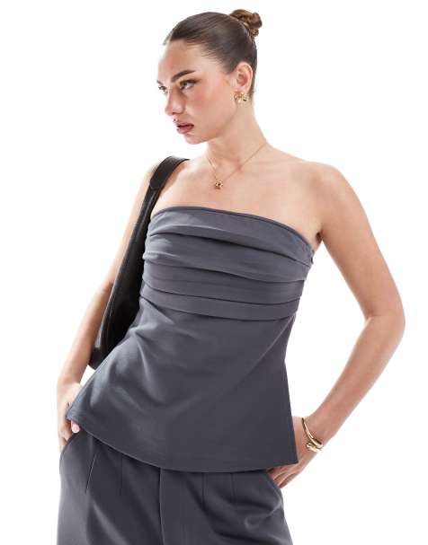 ASOS DESIGN co-ord ponte pleated bandeau top in charcoal - view 1