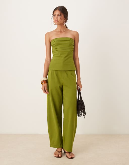 ASOS DESIGN co-ord ponte pleated bandeau top in olive green, 3 of 4